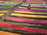 Weavers arrange sarees, a traditional cloth used for women's clothing, as they hang them out to dry after weaving at a workshop in Santipur...