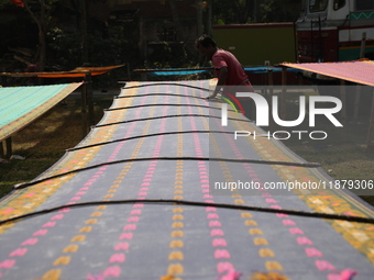 A weaver arranges a saree, a traditional cloth used for women's clothing, as it hangs out to dry after weaving it at a workshop in Santipur...