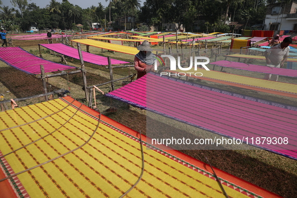 Weavers arrange sarees, a traditional cloth used for women's clothing, as they hang them out to dry after weaving at a workshop in Santipur...