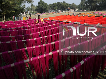 A weaver dries threads before weaving a saree, a traditional cloth used for women's clothing, at a workshop in Santipur town, about 80 km fr...