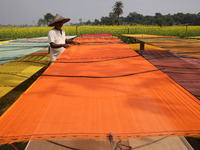 A weaver arranges a saree, a traditional cloth used for women's clothing, as it hangs out to dry after weaving it at a workshop in Santipur...