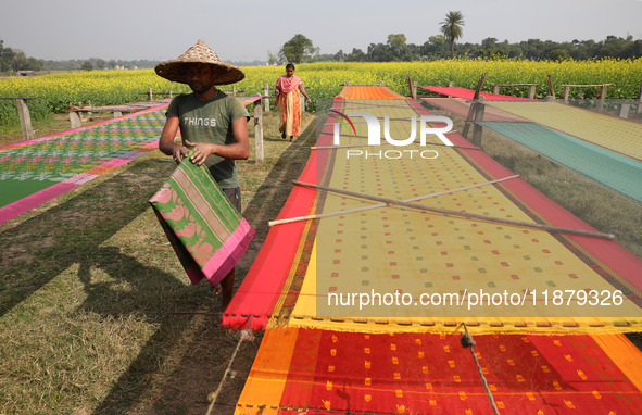 A weaver arranges a saree, a traditional cloth used for women's clothing, as it hangs out to dry after weaving it at a workshop in Santipur...