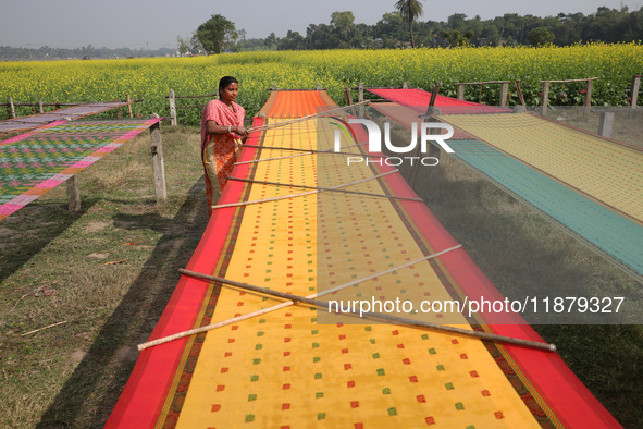 A weaver arranges a saree, a traditional cloth used for women's clothing, as it hangs out to dry after weaving it at a workshop in Santipur...