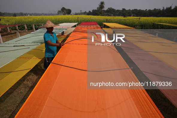 A weaver arranges a saree, a traditional cloth used for women's clothing, as it hangs out to dry after weaving it at a workshop in Santipur...