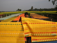 A weaver arranges a saree, a traditional cloth used for women's clothing, as it hangs out to dry after weaving it at a workshop in Santipur...