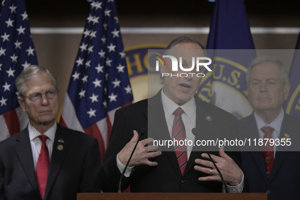 Congressional Border Security Chair Andy Biggs (R-AZ) alongside GOP members speaks about present and future border security policy during a...