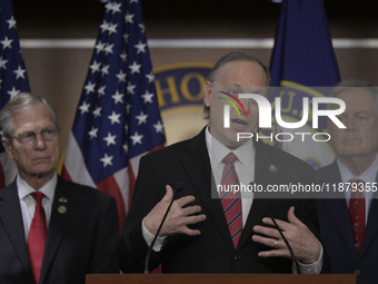 Congressional Border Security Chair Andy Biggs (R-AZ) alongside GOP members speaks about present and future border security policy during a...