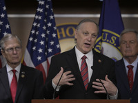 Congressional Border Security Chair Andy Biggs (R-AZ) alongside GOP members speaks about present and future border security policy during a...