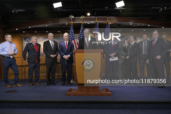 Congressional Border Security Chair Andy Biggs (R-AZ) alongside GOP members speaks about present and future border security policy during a...