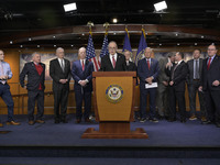 Congressional Border Security Chair Andy Biggs (R-AZ) alongside GOP members speaks about present and future border security policy during a...