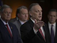 Congressional Border Security Chair Andy Biggs (R-AZ) alongside GOP members speaks about present and future border security policy during a...