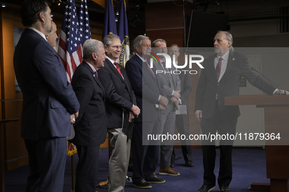 Congressional Border Security Chair Andy Biggs (R-AZ) alongside GOP members speaks about present and future border security policy during a...