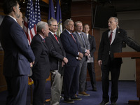 Congressional Border Security Chair Andy Biggs (R-AZ) alongside GOP members speaks about present and future border security policy during a...