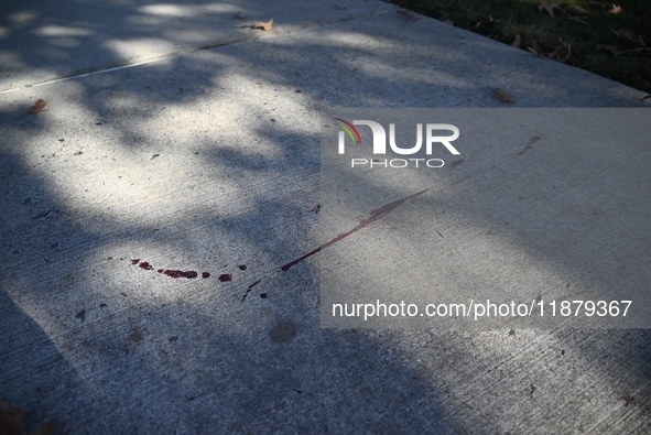 Blood is on the sidewalk and there is damage outside of Johnson Funeral Home on Loch Raven Boulevard following a mass shooting that results...