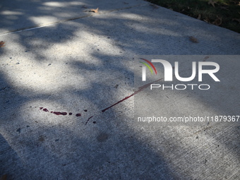 Blood is on the sidewalk and there is damage outside of Johnson Funeral Home on Loch Raven Boulevard following a mass shooting that results...