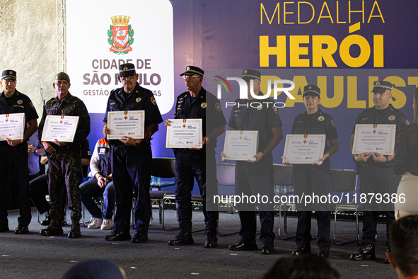 The mayor of Sao Paulo, Ricardo Nunes, participates in the presentation of the ''Medalha Heroi Paulistano'' at Praca das Artes in Sao Paulo,...