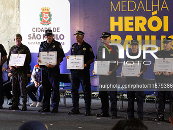 The mayor of Sao Paulo, Ricardo Nunes, participates in the presentation of the ''Medalha Heroi Paulistano'' at Praca das Artes in Sao Paulo,...