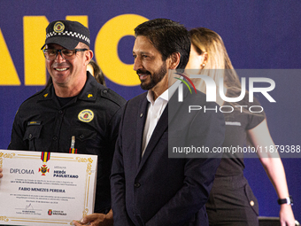 The mayor of Sao Paulo, Ricardo Nunes, participates in the presentation of the ''Medalha Heroi Paulistano'' at Praca das Artes in Sao Paulo,...