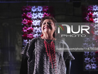 The Head of Government, Clara Brugada, smiles during the opening of the 2024 Christmas Festival at the Zocalo in Mexico City, Mexico, on Dec...