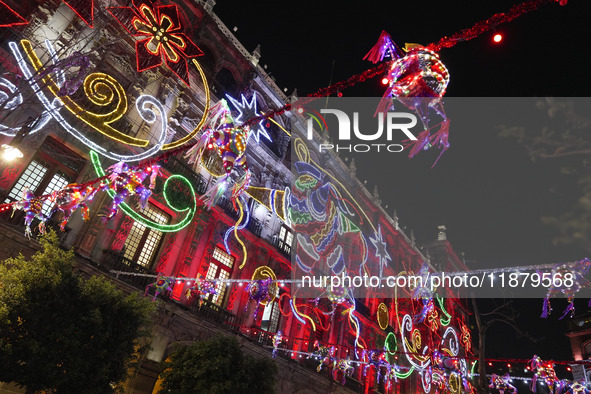 A general view of Christmas lights during the opening of the 2024 Christmas Festival at the Zocalo in Mexico City, Mexico, on December 18, 2...