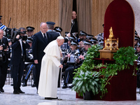 Pope Francis attends his Wednesday General Audience at Paul VI Hall in Vatican City, Vatican, on December 18, 2024. (