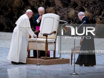 Pope Francis attends his Wednesday General Audience at Paul VI Hall in Vatican City, Vatican, on December 18, 2024. (