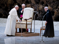 Pope Francis attends his Wednesday General Audience at Paul VI Hall in Vatican City, Vatican, on December 18, 2024. (