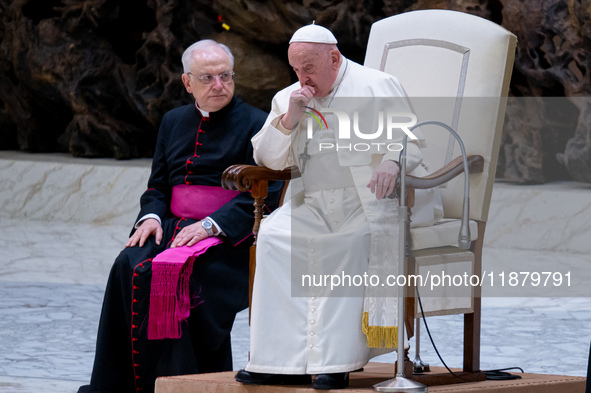 Pope Francis attends his Wednesday General Audience at Paul VI Hall in Vatican City, Vatican, on December 18, 2024. 