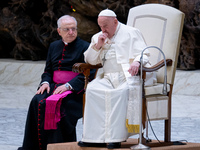 Pope Francis attends his Wednesday General Audience at Paul VI Hall in Vatican City, Vatican, on December 18, 2024. (