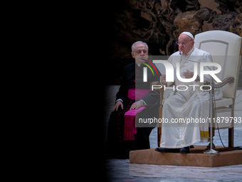 Pope Francis attends his Wednesday General Audience at Paul VI Hall in Vatican City, Vatican, on December 18, 2024. (