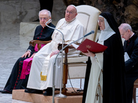 Pope Francis attends his Wednesday General Audience at Paul VI Hall in Vatican City, Vatican, on December 18, 2024. (