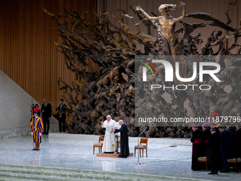 Pope Francis attends his Wednesday General Audience at Paul VI Hall in Vatican City, Vatican, on December 18, 2024. (