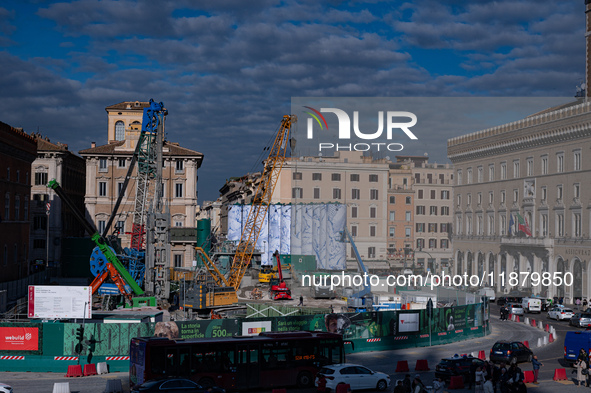 The giant silos of the ''Metro C'' (subway) construction site at Piazza Venezia in Rome, Italy, on December 17, 2024, transform into an open...