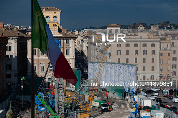 The giant silos of the ''Metro C'' (subway) construction site at Piazza Venezia in Rome, Italy, on December 17, 2024, transform into an open...