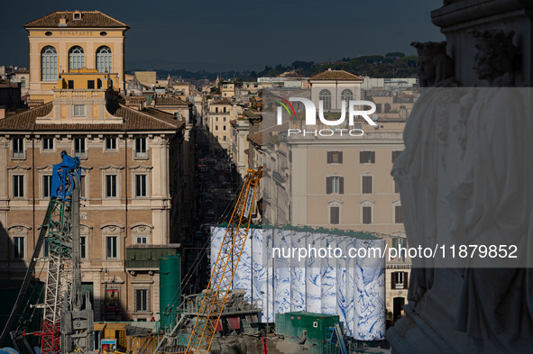 The giant silos of the ''Metro C'' (subway) construction site at Piazza Venezia in Rome, Italy, on December 17, 2024, transform into an open...