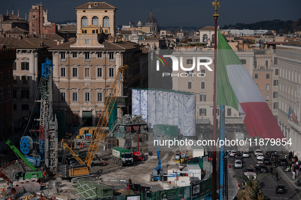 The giant silos of the ''Metro C'' (subway) construction site at Piazza Venezia in Rome, Italy, on December 17, 2024, transform into an open...