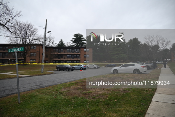 Baltimore County Police investigate a shots fired call in the area of Wycombe Way and Glenbarr Court in Parkville, Maryland, United States,...