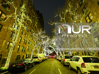 Christmas lights cover trees on a street in the Upper East Side section of New York, N.Y., on December 15, 2024. (