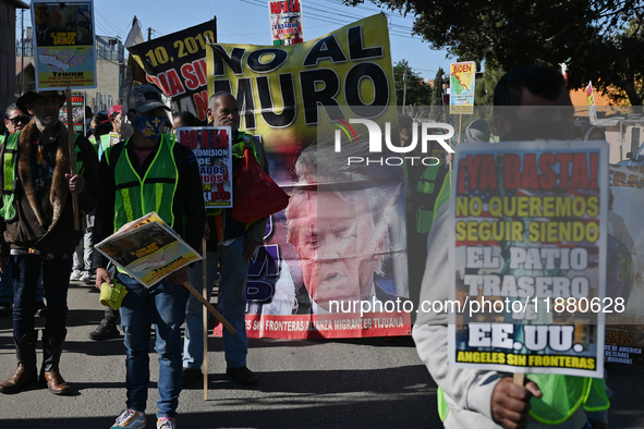 Mexican migrants who have been deported from the United States to Mexico, families seeking asylum, and activists demonstrate for migrants' r...