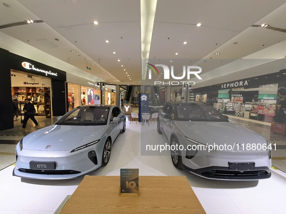 Nio new energy vehicles are displayed at Jinyuan Shopping Center, Beijing's largest shopping and leisure complex, in Beijing, China, on Dece...