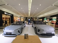 Nio new energy vehicles are displayed at Jinyuan Shopping Center, Beijing's largest shopping and leisure complex, in Beijing, China, on Dece...