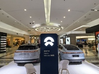 Nio new energy vehicles are displayed at Jinyuan Shopping Center, Beijing's largest shopping and leisure complex, in Beijing, China, on Dece...