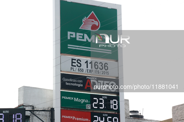 The logo of the Mexican state-owned oil company Petroleos Mexicanos (PEMEX) is seen at a gas station in Mexico City, Mexico, on December 18,...