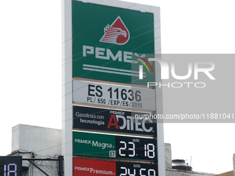 The logo of the Mexican state-owned oil company Petroleos Mexicanos (PEMEX) is seen at a gas station in Mexico City, Mexico, on December 18,...