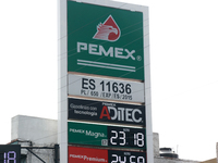 The logo of the Mexican state-owned oil company Petroleos Mexicanos (PEMEX) is seen at a gas station in Mexico City, Mexico, on December 18,...