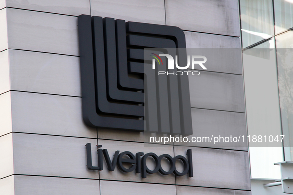 The logo of the Mexican department store company Liverpool is seen on a facade in Mexico City, Mexico, on December 18, 2024. 