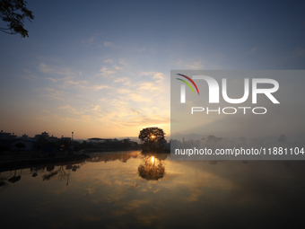 The sun rises against a tree that stands in the middle of the Taudaha wetland on the outskirts of Kathmandu, Nepal, on December 19, 2024. (