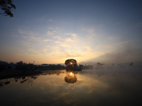 The sun rises against a tree that stands in the middle of the Taudaha wetland on the outskirts of Kathmandu, Nepal, on December 19, 2024. (