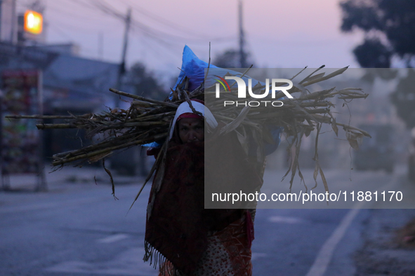 A Nepali woman carries sticks to make a bonfire as the temperature drops in Kathmandu, Nepal, on December 19, 2024, with the onset of winter...