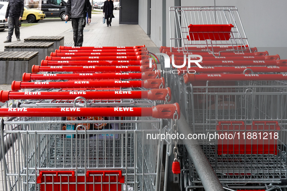 Rows of REWE shopping carts line up outside a supermarket in Munich, Bavaria, Germany, on December 18, 2024 